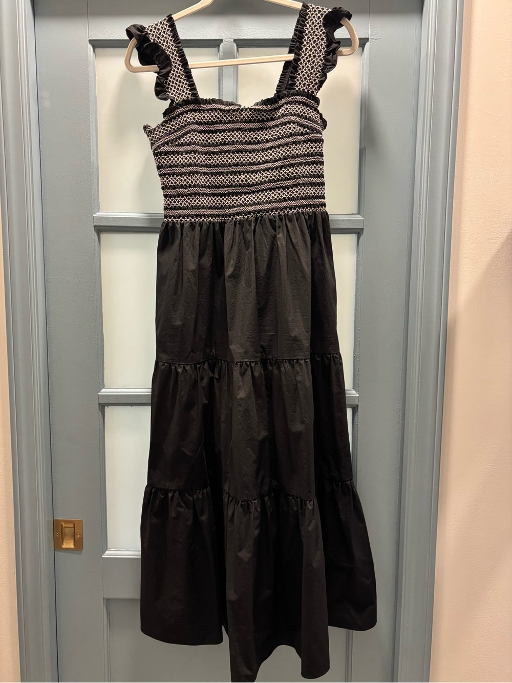 Greylin Black Midi Dress with Smocked Bodice and Ruffle Straps